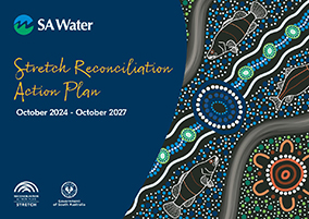 Front cover of the SA Water Reconciliation plan. Aboriginal artwork design with title and logos.