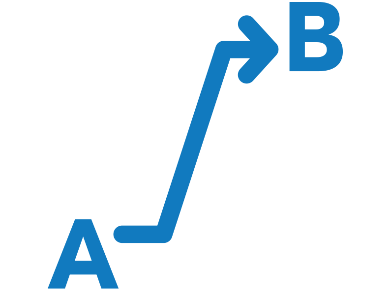 A blue outline icon of the letter A, with an arrow pointing up to the letter B
