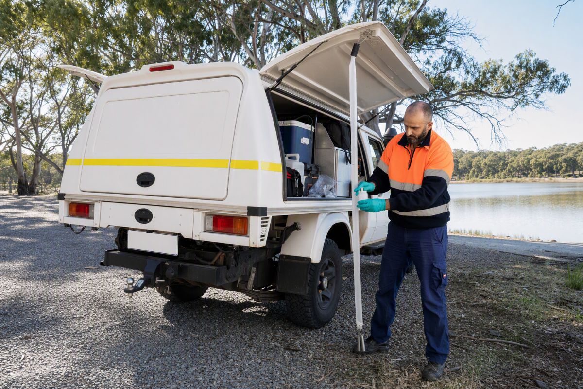 Field worker undertaking water testing at reservoir next to ute