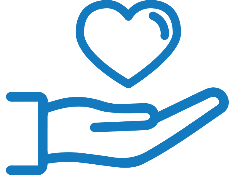 A blue outline icon of a hand with a heart above it