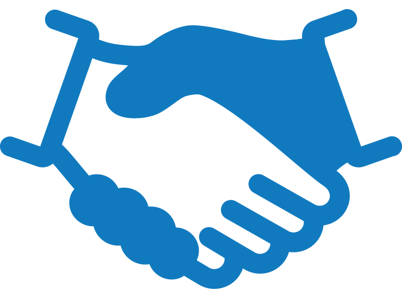 A blue outline icon of two hands interlocked, shaking