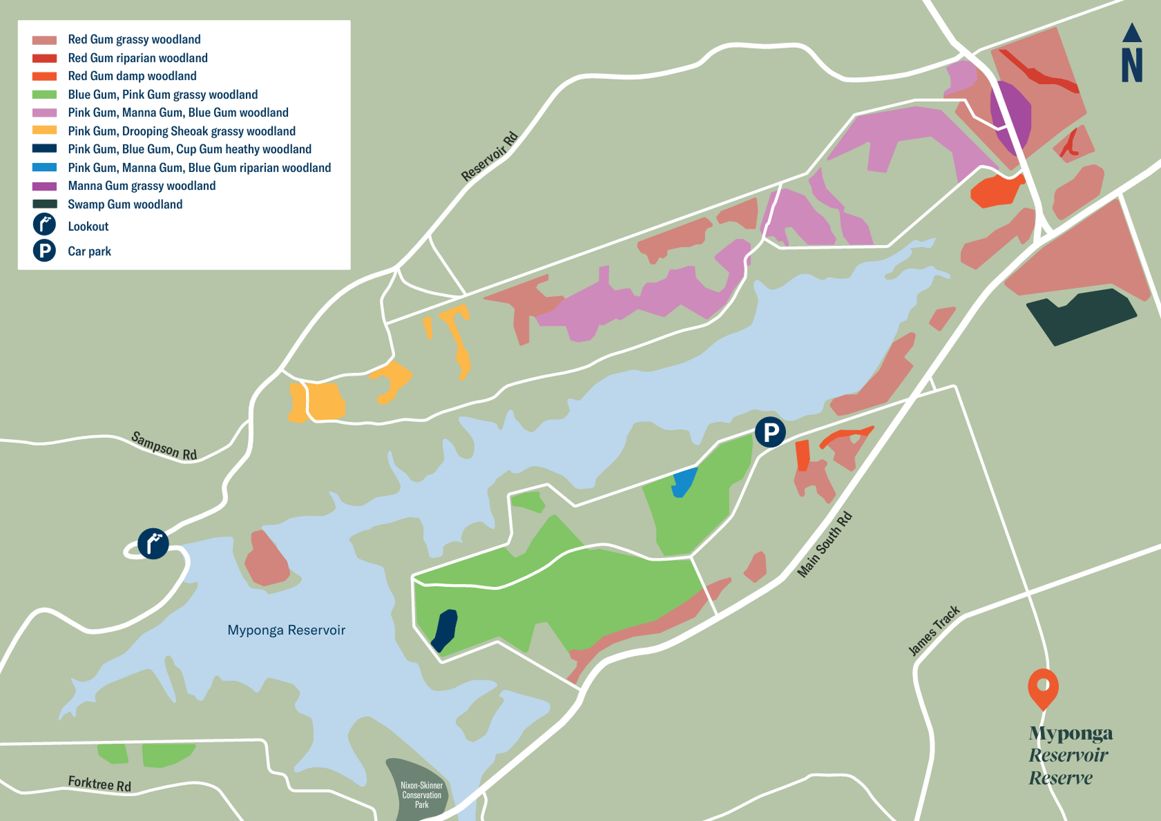 This map shows the Myponga Reservoir Reserve Reservoirs for Nature project area near Myponga. Coloured polygons identify the vegetation communities being restored across several planting sites around Myponga Reservoir. Restoration areas include Red Gum grassy woodland, Red Gum riparian woodland, Red Gum damp woodland, Blue Gum and Pink Gum grassy woodland, Pink Gum, Manna Gum and Blue Gum woodland, Pink Gum and Drooping Sheoak grassy woodland, Pink Gum, Blue Gum and Cup Gum heathy woodland, Pink Gum, Manna Gum and Blue Gum riparian woodland, Manna Gum grassy woodland, and Swamp Gum woodland. The map also shows Myponga Reservoir, surrounding roads, a lookout and visitor car park locations. Multiple restoration sites are distributed throughout the reserve, demonstrating the range of native vegetation communities being established as part of the Reservoirs for Nature program.