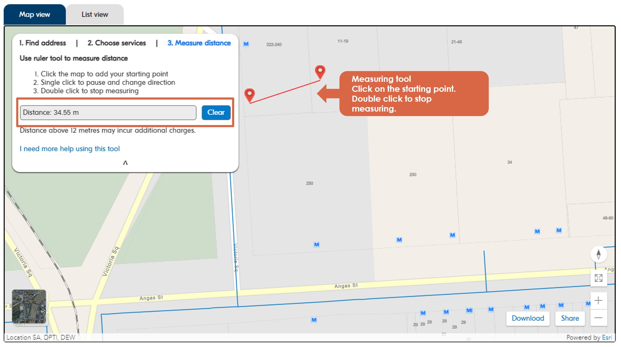 Map guide measure distance between two points