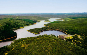 An aerial photo showing Mount Bold reservoir and surrounding forestry 