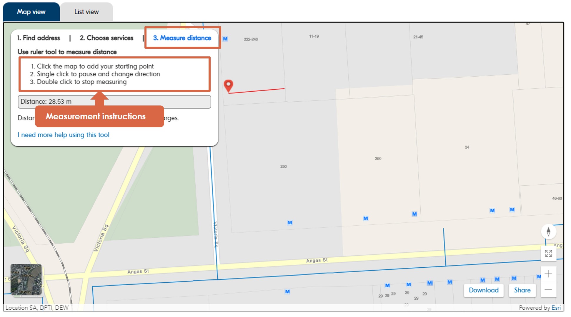 Map guide measure distance tool activate